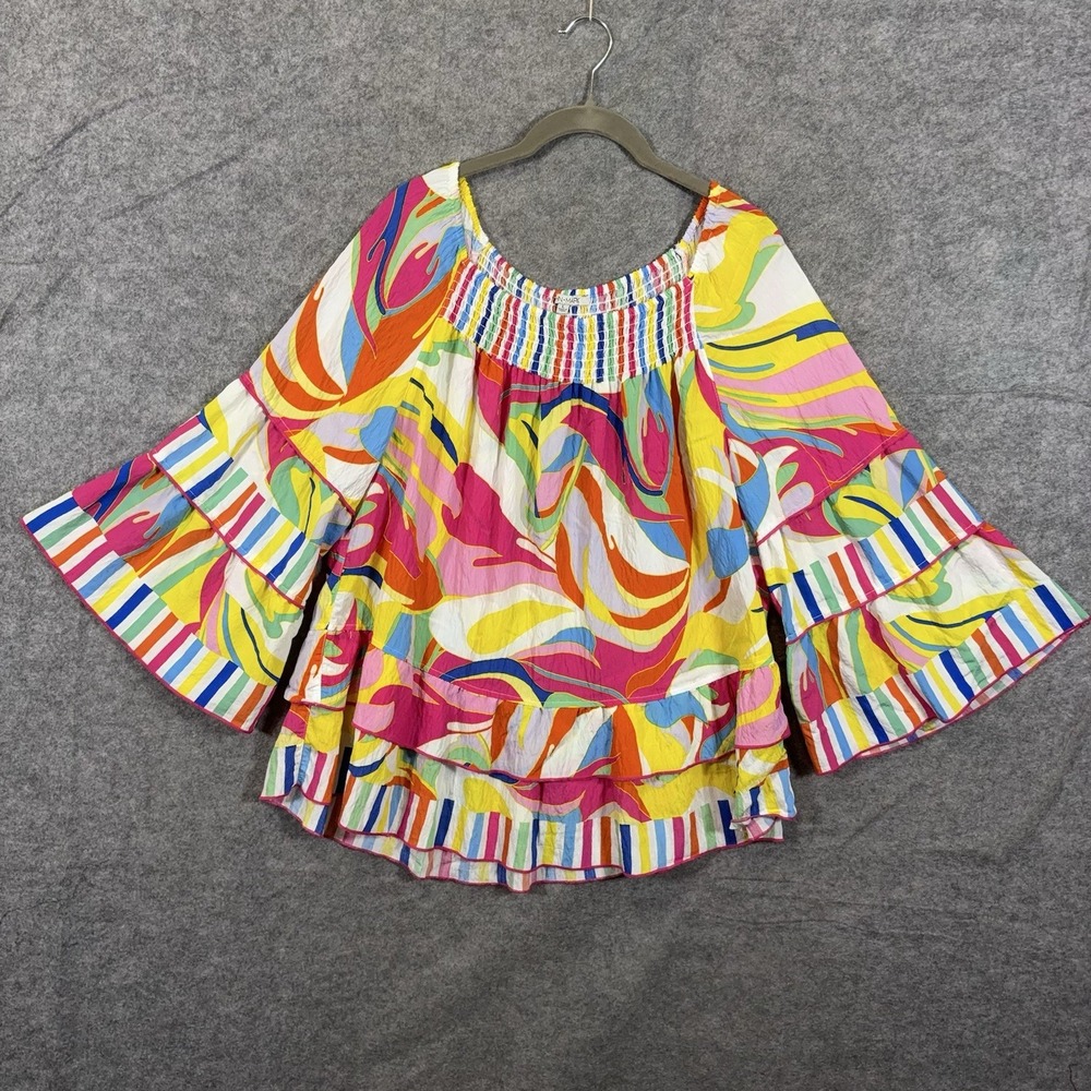 John Mark Blouse Top Womens Sz L Multicolor Abstract Waves Smocked Layered